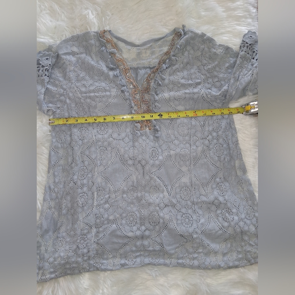 Boho Crochet Sleeve Top – Soft Blue/Grey with Golden Embroidery - Picture 8 of 10